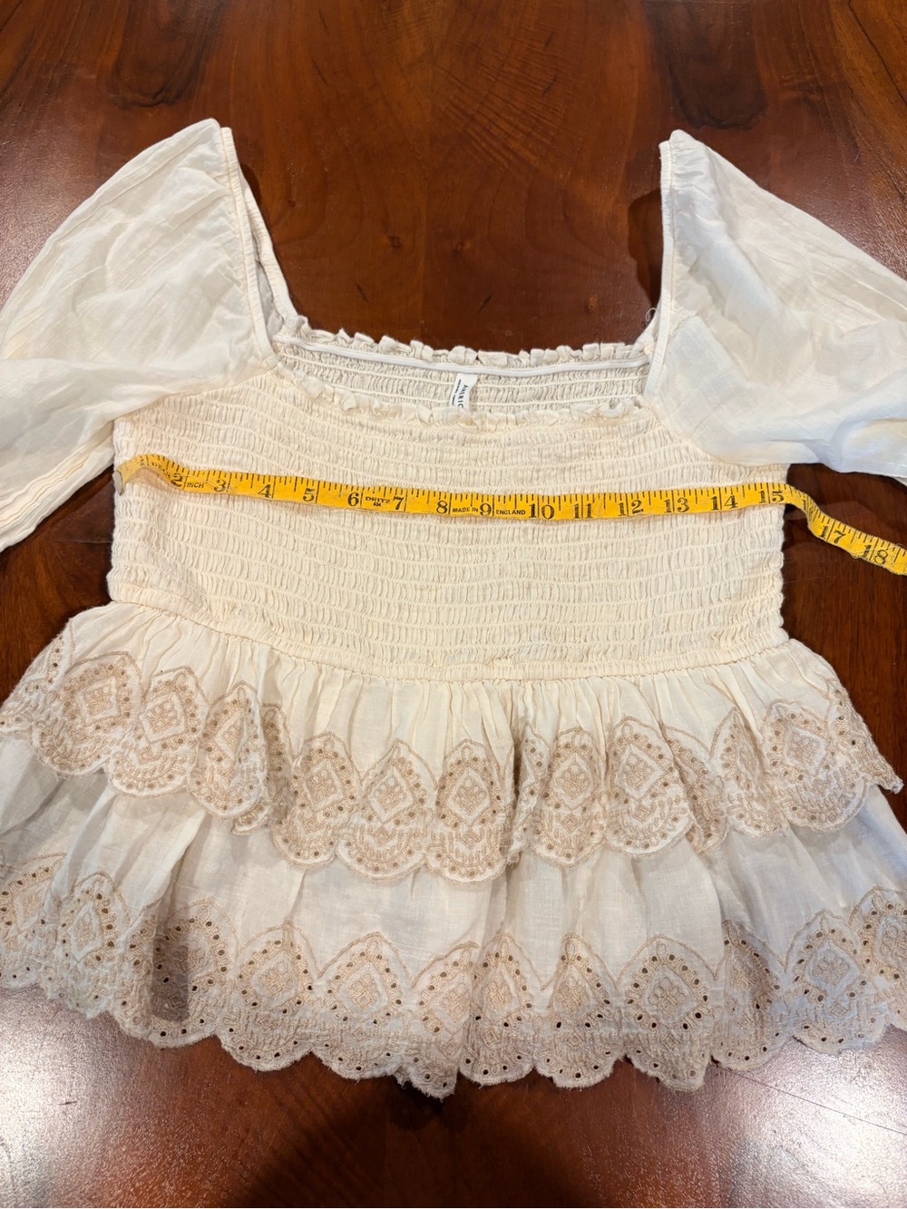 Boho Smocked Peasant Top in Cream with Embroidered Hem, size M - Picture 8 of 8